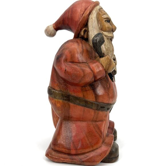 Vintage 80s Solid Wood Hand Carved Primitive Santa with Toy Sack and Pipe - Picture 4 of 10